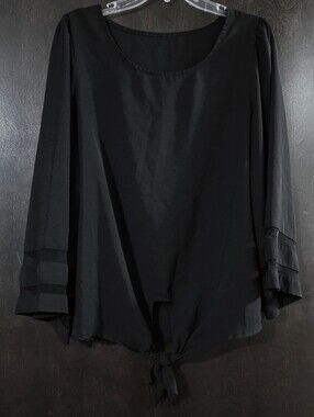 Black Pullover Tie-Front Blouse Sheer Panel Striped 3/4 Sleeves